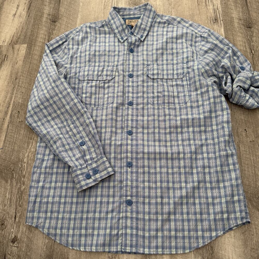 Duluth Trading Fishing Shirt Mens Large Blue Plaid Vented Roll-Tab Sleeve Lite